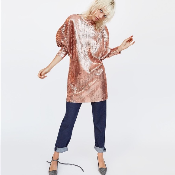 Zara Dresses & Skirts - NWT Zara Gold Sequin Long Sleeve Tunic Dress
